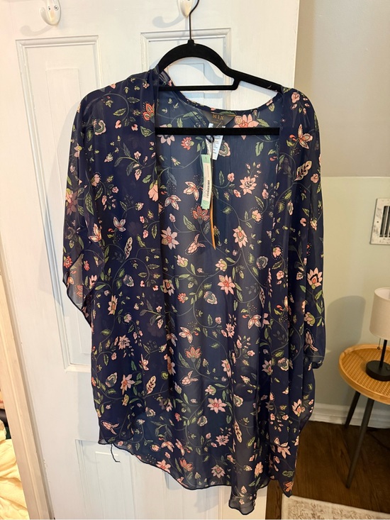 Mi Tops - Mi Navy Sheer Floral Kimono Tunic with Pink Flowers